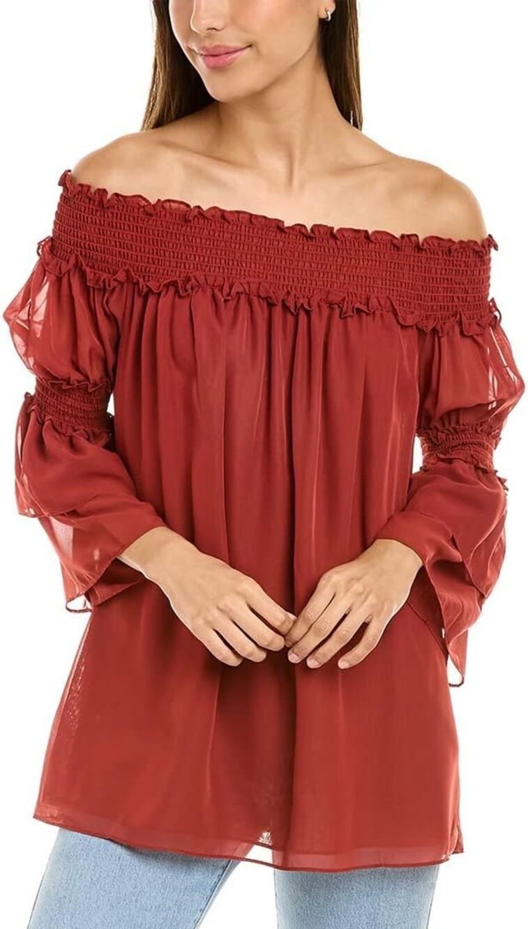 Max Studio Off-Shoulder Rust Red Smocked Blouse